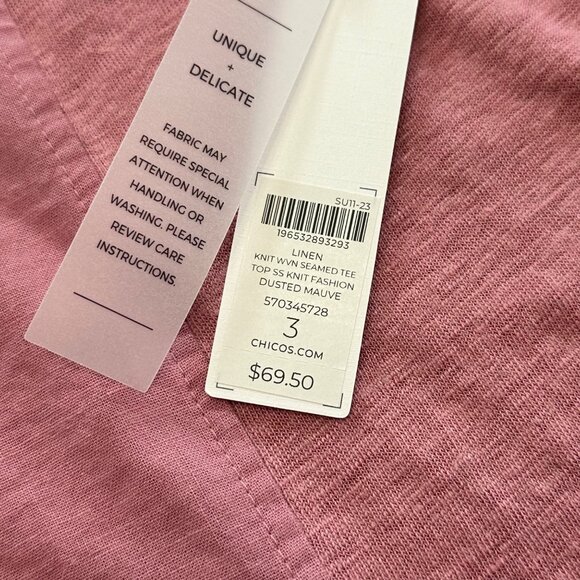 Chico's Shirt Size 3 XL NWT Pink V Neck Linen Knit Woven Seamed Tee Dusted Mauve - Picture 3 of 11